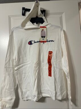 Champion Women’s White Crewneck Hoodie with Navy Logo